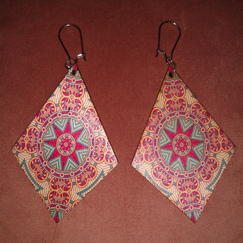 Big Mandala Diamond Shape Earrings Pink Blue Lightweight Wood Steel Wires KATTA